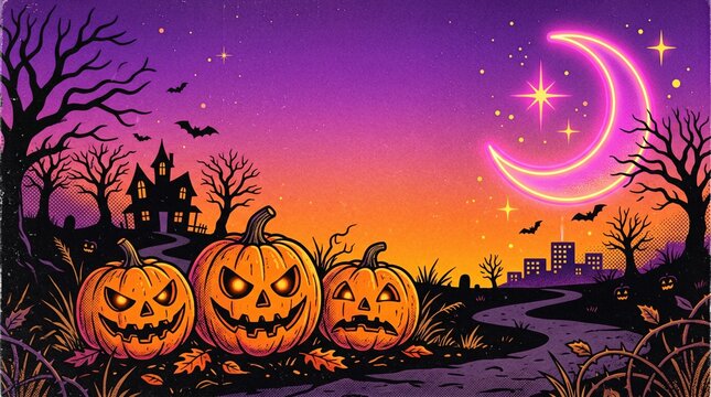 Vibrant neon halloween background with spooky house and crescent moon