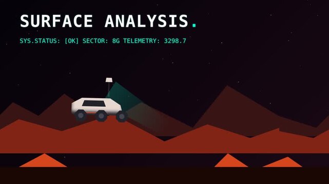 Low poly 3D space rover driving across an alien planet. Extraterrestrial vehicle navigating rugged terracotta rocky terrain. Cinematic sci-fi animation of cosmic exploration mission