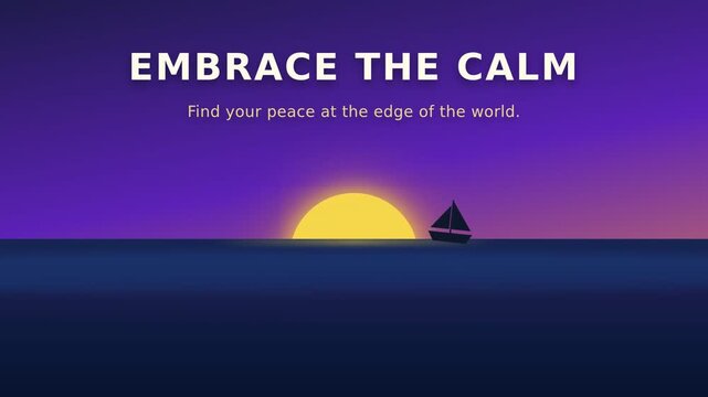 Lone sailboat gliding across water at dusk. Huge setting sun background with watercolor art effects. Peach and purple pastel gradient animation. Smooth motion graphics of an evening maritime journey