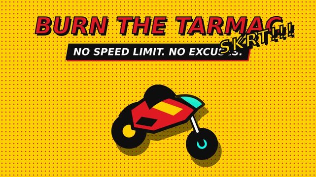 Sports motorcycle drifting through a sharp corner. Comic book style animation with heavy black outlines. High speed racing action leaving a dust trail in flashing yellow and red