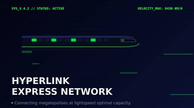 Futuristic high-speed bullet train speeding through tunnel. Flat vector animation of rapid modern transit moving forward. Deep blue and glowing neon green 2D motion graphics