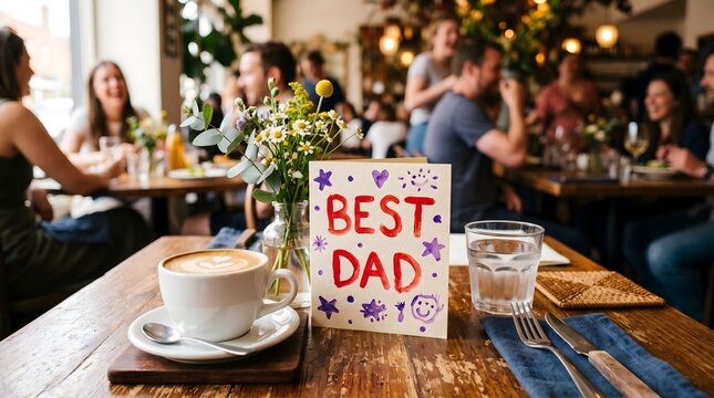Heartwarming father's day scene with best dad card and coffee in a cozy restaurant setting