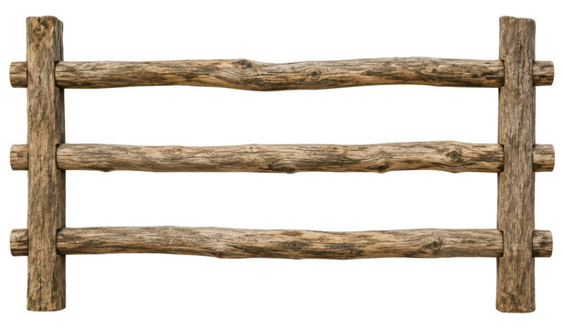 Rustic wooden rail fence isolated on light gray background, weathered timber barrier with natural texture, countryside ranch style wooden fencing element for farm, landscape, outdoor, and rural design