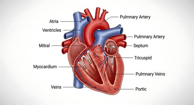Detailed anatomical diagram of human heart structure.