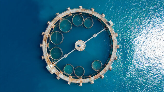 Aerial view of a circular fish farming cage system in the open sea