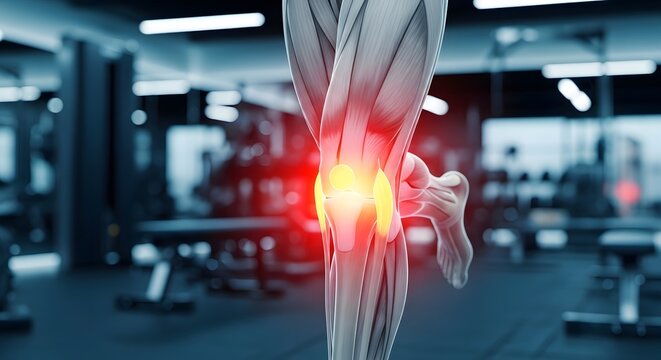 Anatomical model of human leg muscles and knee joint with red glow. Muscle strain and joint pain during fitness workouts. 3D rendering of leg anatomy placed inside a blurred gym