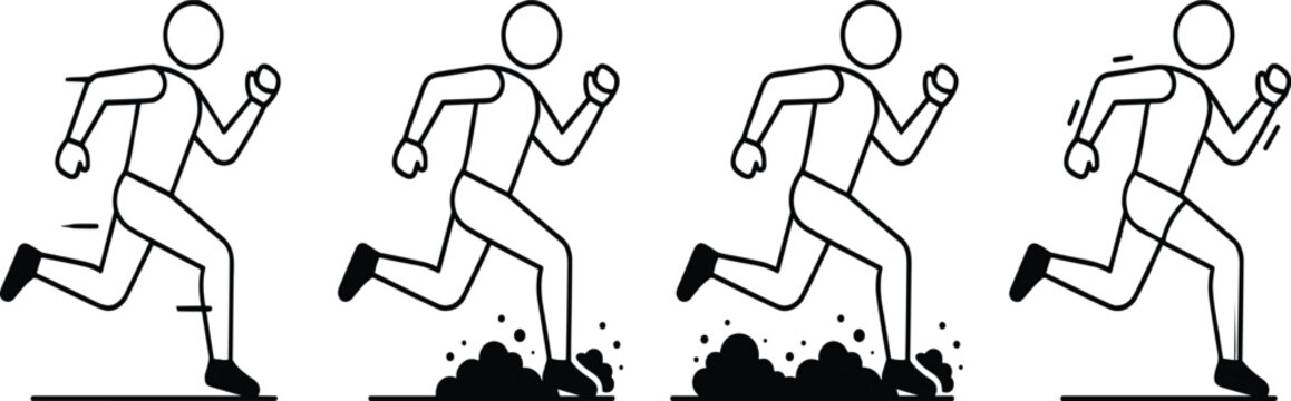 Running Man Line Icon Set Featuring Runner Stick Figure Characters in Motion with Dust and Speed Effects for Sports and Fitness Designs