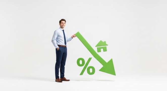 Man holding a green arrow with a house and percentage symbol.