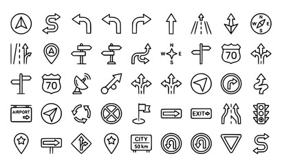 Directional Sign Line Icon Set Featuring Route Pointer Navigation and Turn Symbols © Shameem