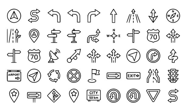 Directional Sign Line Icon Set Featuring Route Pointer Navigation and Turn Symbols
