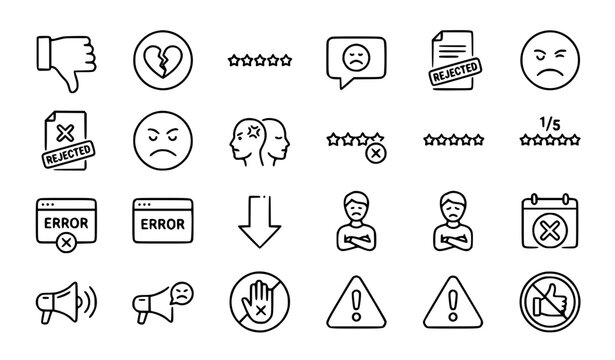Dislike Line Icon Set Featuring Thumbs Down Unlike Rating and Negative Feedback Symbols