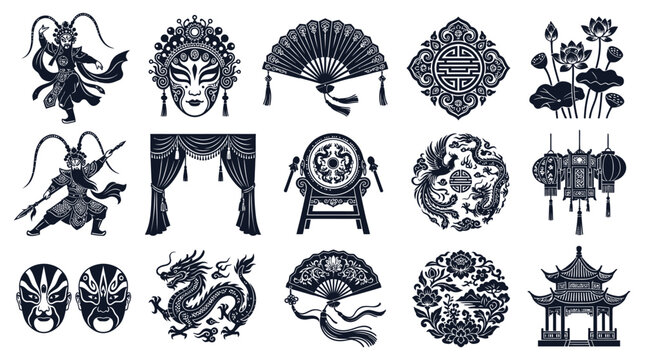 Black  White Glyph Vector Icons of Traditional Chinese Culture and Asian Heritage Elements