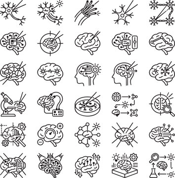 Optogenetics Line Icons Set &ndash; 30 Minimal Black Outline Vector Icons for Light-Controlled Neurons, Neural Circuits & Neuroscience Research