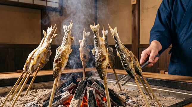 Japanese ayu fish being grilled over a charcoal hearth inside a rustic irori-style restaurant, with skewered salt-coated fish surrounded by smoke and glowing embers.