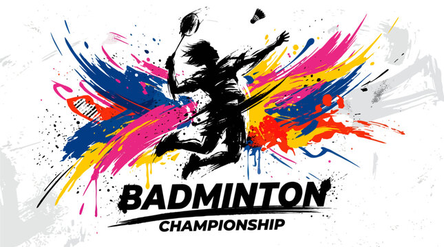 Badminton championship logo with colorful paint splatter explosion