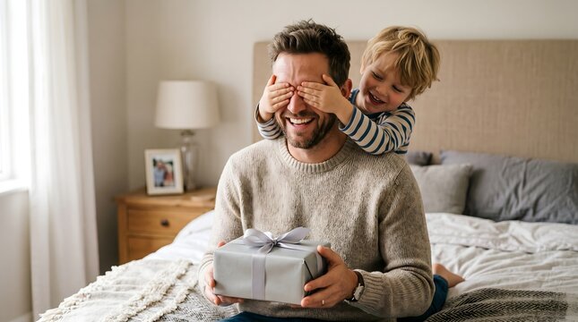 Heartwarming father's day moment little boy giving his dad a surprise gift