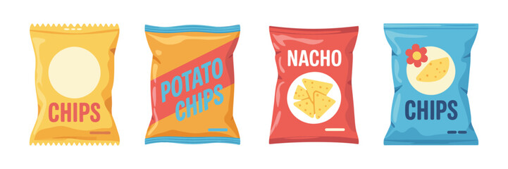Snack Potato Chips Vector Set, colorful cartoon illustrations with flavored chips and sauces, isolated on transparent background for food menu, branding and packaging concepts. © Ayat04
