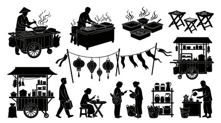 Naklejka premium Asian Street Food Market Black Silhouette Vector Illustration Set with Vendors, Carts, and People