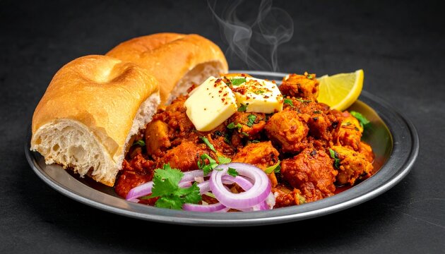 Indian street food pav bhaji served hot with coriander onion and lemon garnish