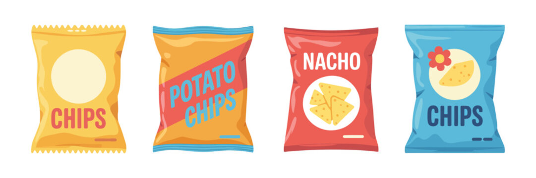 Snack Potato Chips Vector Set, colorful cartoon illustrations with flavored chips and sauces, isolated on transparent background for food menu, branding and packaging concepts.