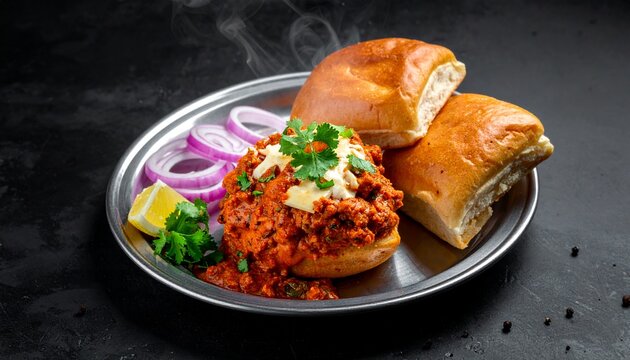 Delicious buttery pav bhaji with fresh onion coriander and lemon on the side