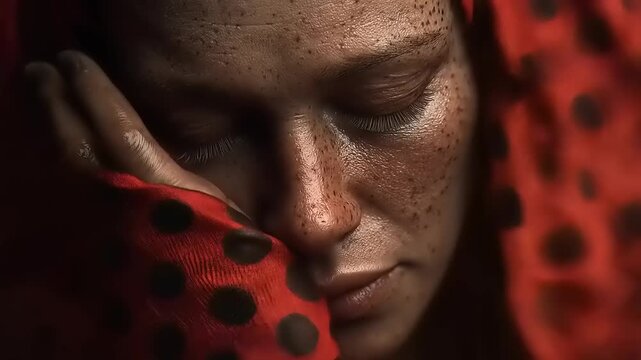 Close-up portrait of a woman with closed eyes and freckles, enveloped in a red fabric adorned with dark dots conveying a sense of deep introspection