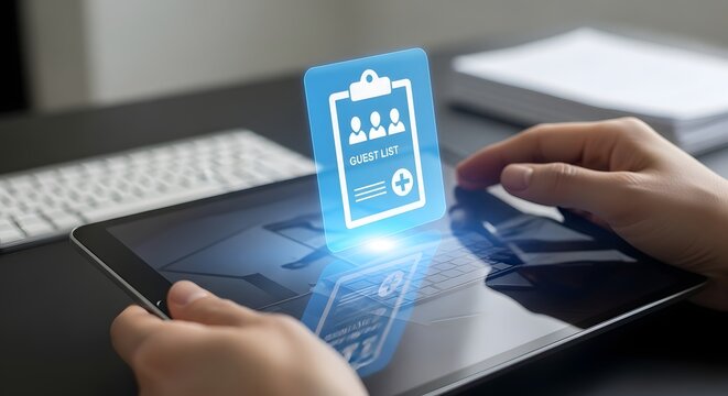 Guest list management concept on tablet screen with hands typing