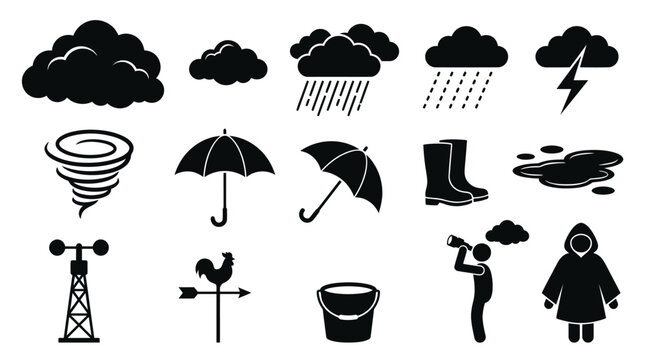 Black  White Weather Glyph Icons Set: Meteorology Forecast, Climate Symbols, Rain, Storm, Wind, and Protection