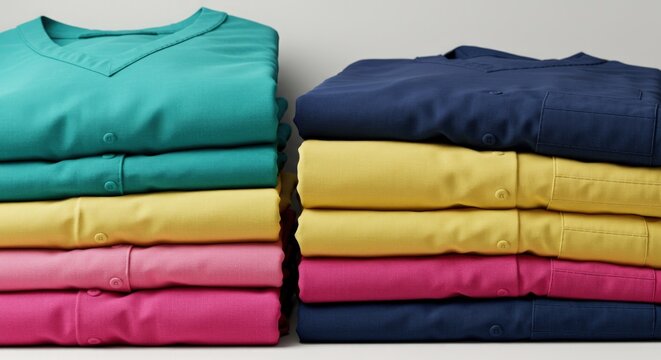 Colorful folded t shirts stacked.
