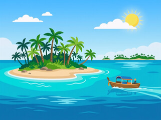 Obraz premium Tropical Island Paradise with Boat in Clear Blue Ocean Under Sunny Sky