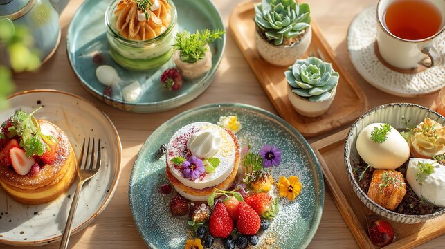 Delicious desserts with vibrant garnishes.