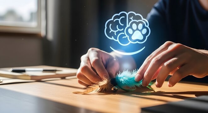 Pet owner interaction with toy and brain icon overlay