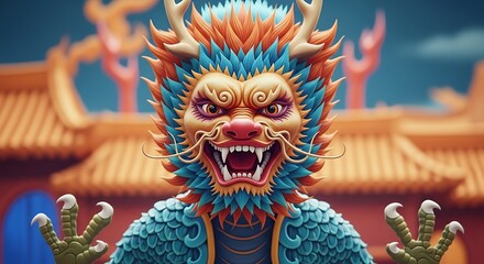 Obraz premium Vibrant Chinese Dragon Mascot Roaring Fiercely Against Traditional Temple Architecture.
