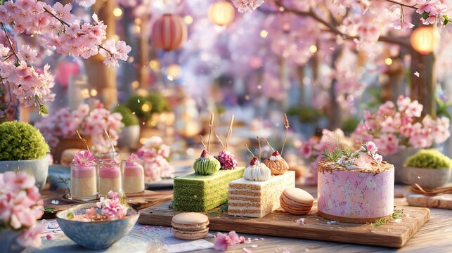 Delicious desserts under blooming cherry blossoms.