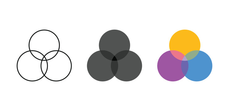 3 or three Circle Venn diagrams. circles chart line and solid black frame. Overlapping Circles symbol. Business presentation venn chart. intersection chart symbol collection 