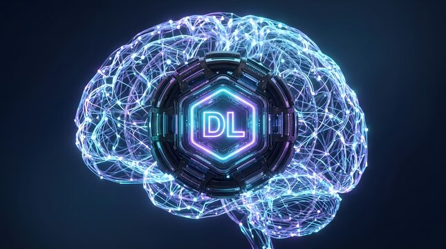 Glowing digital brain graphic features a central hexagonal core with deep learning symbols and circuitry