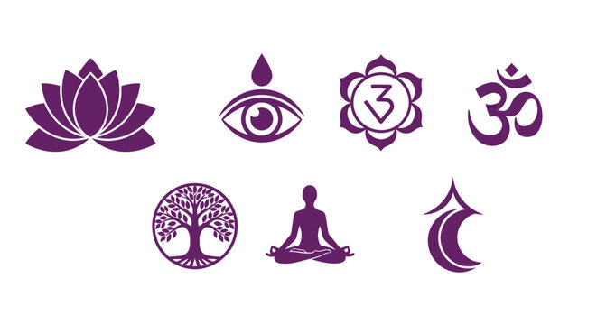 Purple yoga and wellness icons including lotus, om, eye, tree of life, and meditation symbols