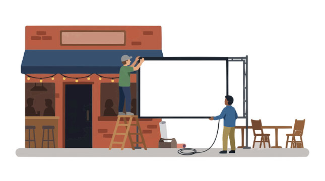 People setting up outdoor movie screen projector for event at restaurant patio PNG Isolated on transparent background