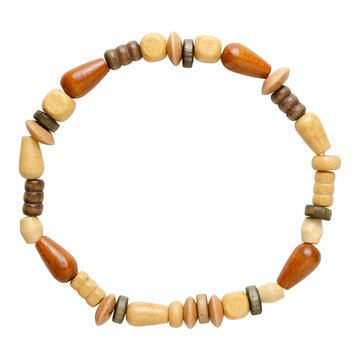 Wooden bead bracelet isolated on white background. Top view eco friendly handmade jewelry string bead necklace. Cozy organic frame with copy space. Image for craft concepts, mockups, scene creator.