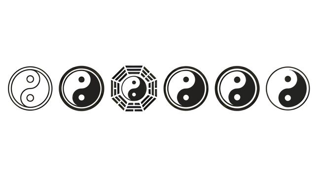 Set of yin and yang symbols and taoist bagua icon illustrations