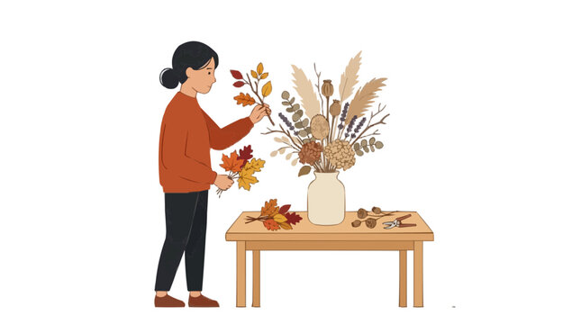 Woman arranging dried flowers and autumn leaves in a vase on a table PNG Isolated on transparent background