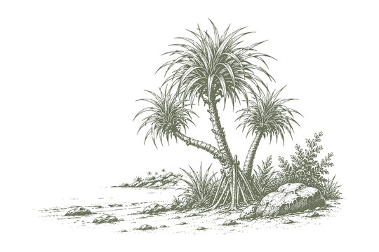 Hand drawn coastal pandanus tree vector illustration, detailed vintage ocean shore landscape sketch engraving style asset for tropical travel design.