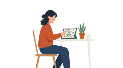 Fototapeta premium Woman artist drawing flowers on digital tablet at desk with plant and coffee cup PNG Isolated on transparent background