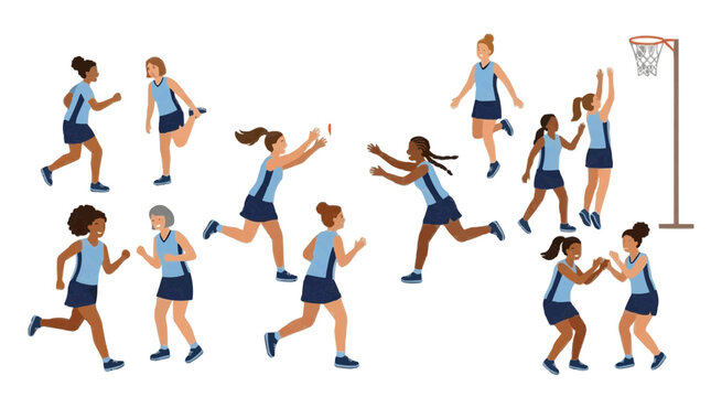 Diverse group of women playing netball in a team sport illustration PNG Isolated on transparent background