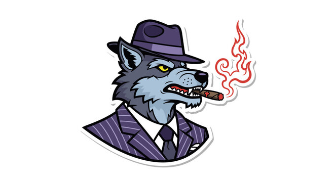 Cartoon Wolf Wearing a Suit and Hat Smoking a Cigar.