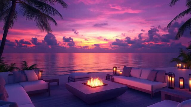 Luxurious beach terrace with pink purple sunset sky, palm trees, outdoor sofa set, and burning fire pit, elegant tropical resort mood.