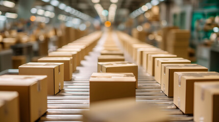 Fototapeta premium Cardboard boxes on conveyor belt in modern logistics warehouse