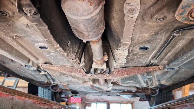 Rusty car chassis with catalytic converter and driveshaft viewed from below in a garage