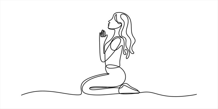 Continuous single line drawing of a peaceful woman kneeling and praying with hands together in a humble pose of meditation and spiritual devotion Vector, illustration