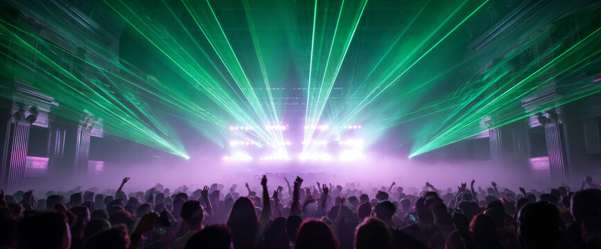Crowded indoor concert with vibrant green laser lights and bright stage lighting creating an energetic atmosphere with silhouettes of people enjoying music